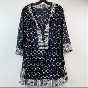 La Blanca tunic top mini dress tie at neck cotton swim cover boho batik EUC